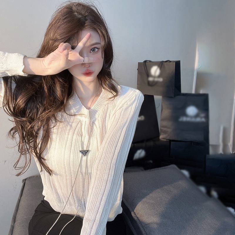 Áo Sweater Dệt Kim Mỏng Tay Dài Dáng Rộng Thiết Kế Khoét Rỗng Thời Trang Cho Nữ