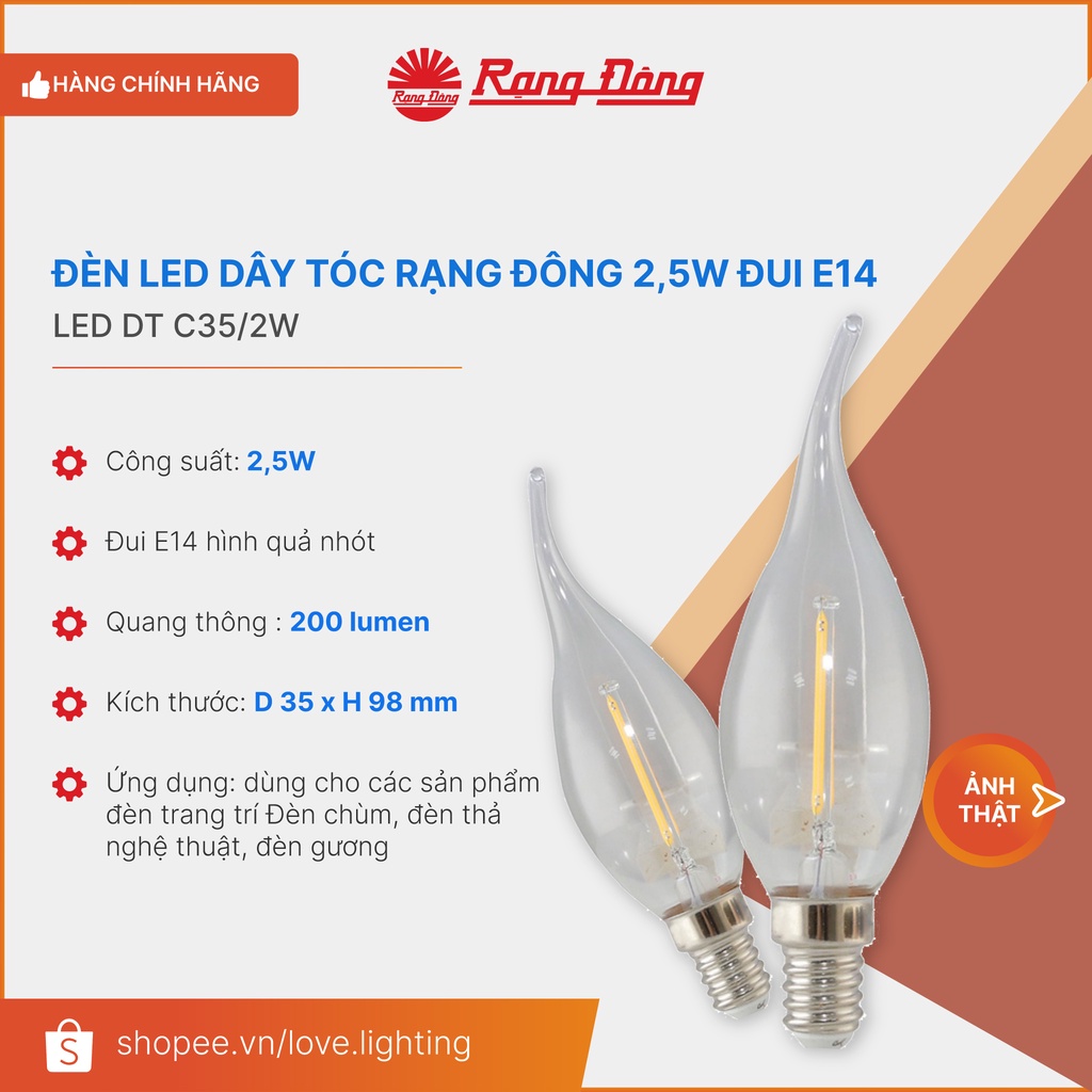 (RẠNG ĐÔNG) Bóng đèn Led dây tóc 2,5W đui xoáy E14