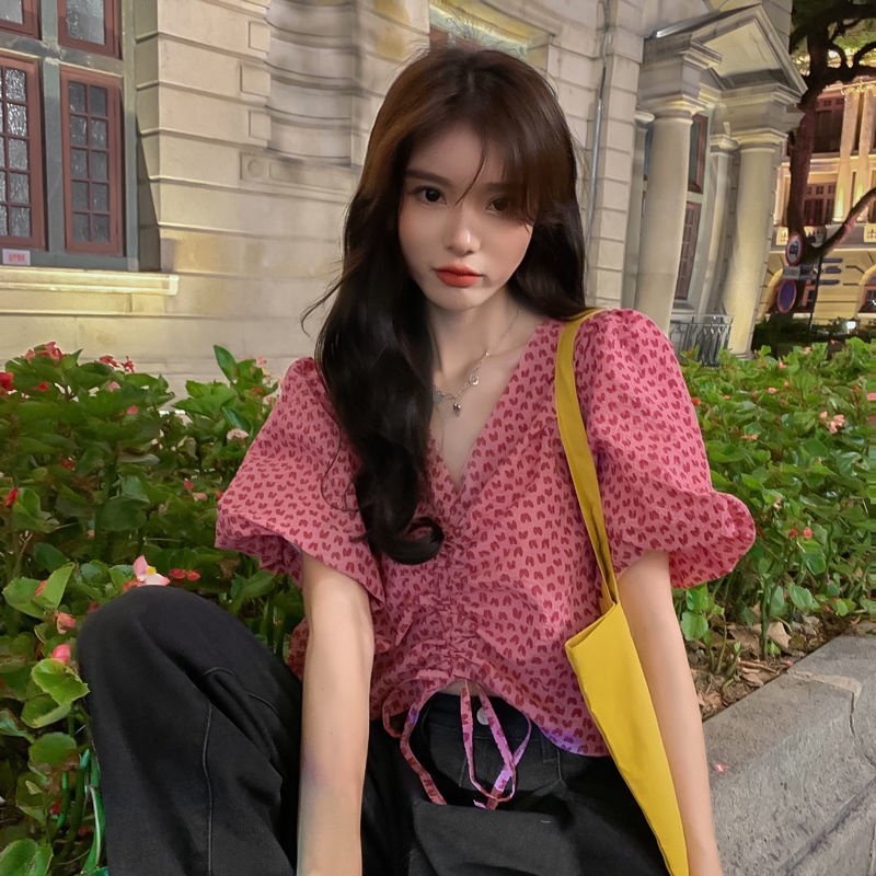 Áo Sơ Mi Ngắn Tay Cổ Chữ V Phối Dây Rút Thời Trang Mùa Hè Hàn Quốc Mới 2022 Dành Cho Nữ