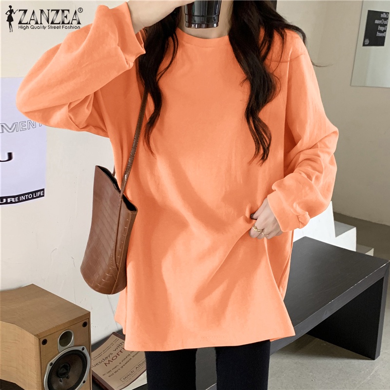 Áo kiểu dài tay ZANZEA cổ tròn màu trơn thời trang cho nữ