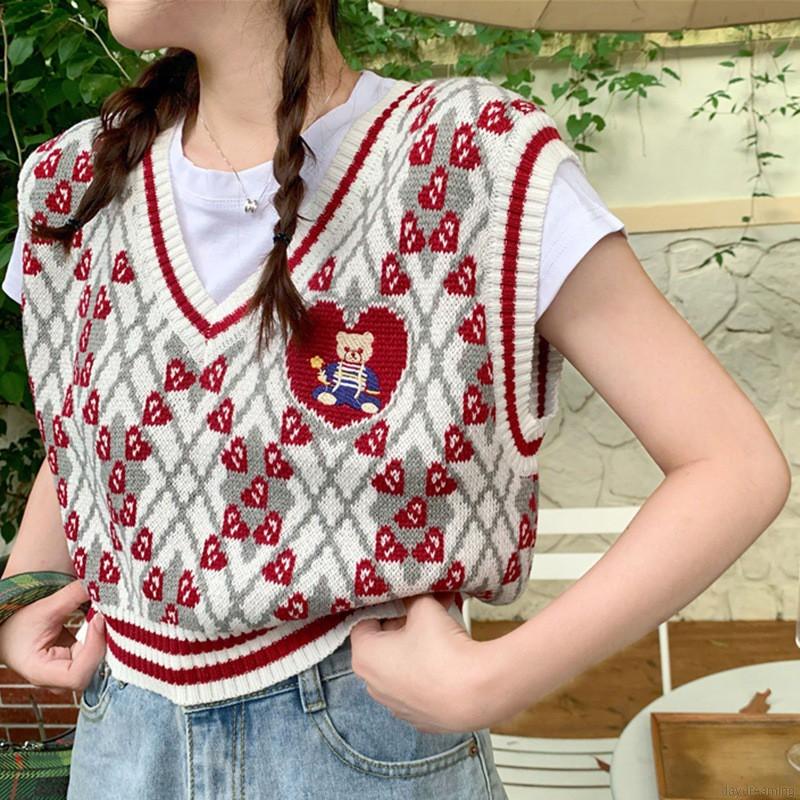 Áo dệt kim sát nách cổ chữ V phối màu sắc tương phản phong cách retro thời trang dành cho nữ