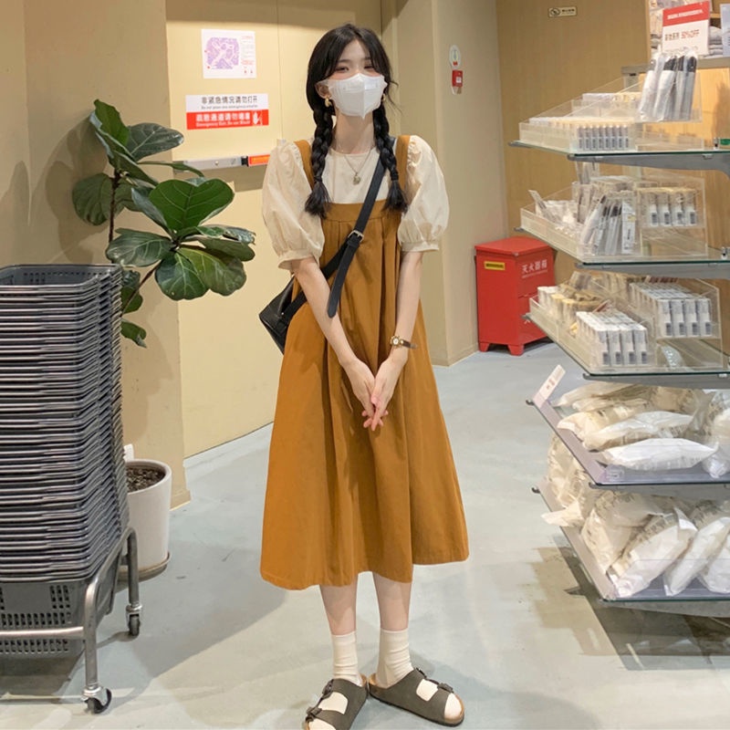 Đầm Hai Dây Dáng Rộng Tay Phồng Phong Cách Hàn Quốc Thời Trang Cho Nữ