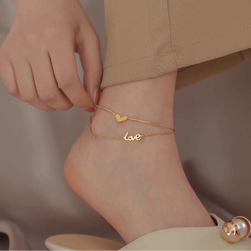 Lắc chân titan không gỉ thiết kế 2 lớp và họa tiết chữ Love phong cách 2023 mới sành điệu
