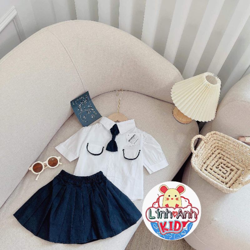 Set vest đi học áo phối nơ kèm chân váy xếp li siêu xinh cho bé gái (LX10)