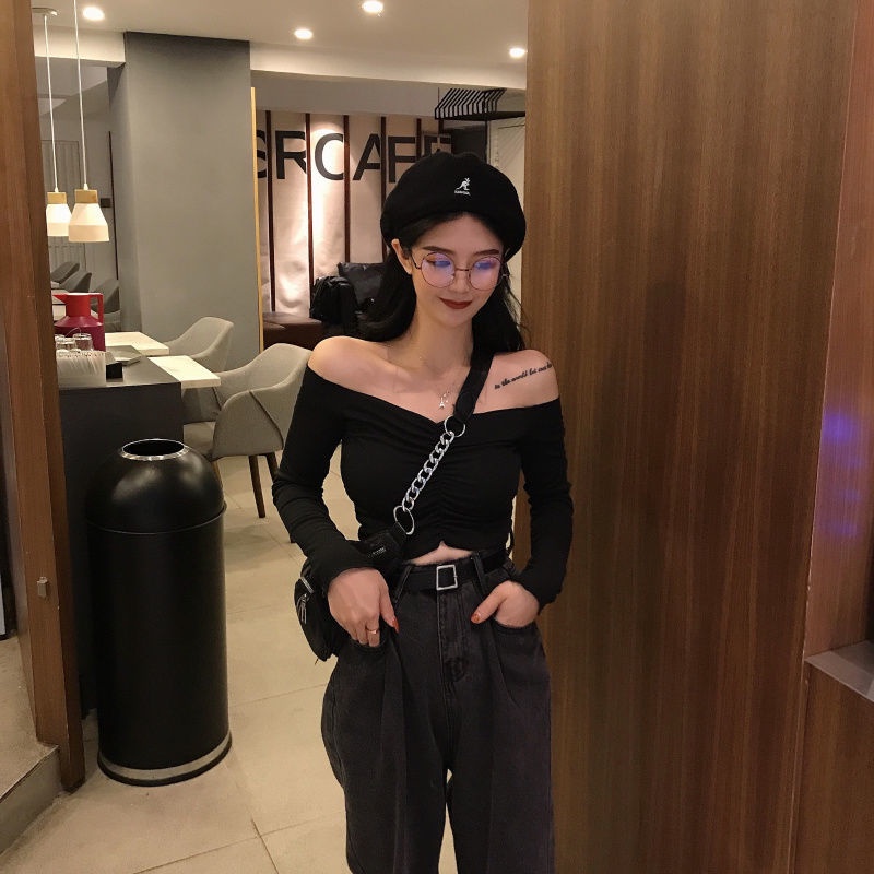 Áo Thun Tay Dài Hở Vai Cổ Suông Thời Trang Mùa Thu Phong Cách Mới Dành Cho Bạn Gái