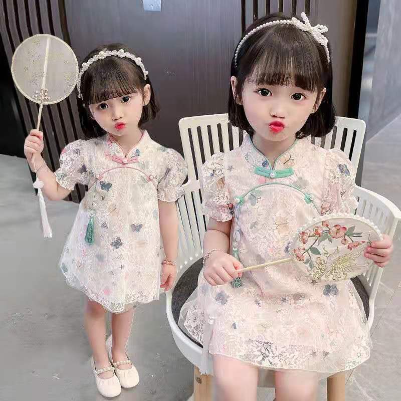 Đầm sườn xám công chúa phối ren hoa thiết kế phong cách thời trang Trung Hoa mùa hè mới cho bé gái