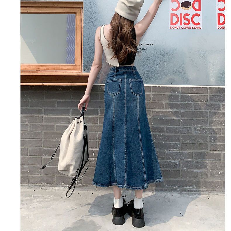 Jiashucheng Hàng Có Sẵn Chân Váy Denim Chữ a Lưng Cao Vừa Vặn Mùa Hè Thiết Kế Cổ Điển Dễ Phối Đồ Cho Nữ
