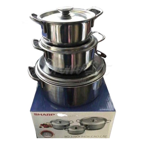 Bộ 3 Nồi INOX Sharp Cao Cấp Kích Thước 16 18 24cm + combo 3 chai nước rửa chén sunlight 370ml
