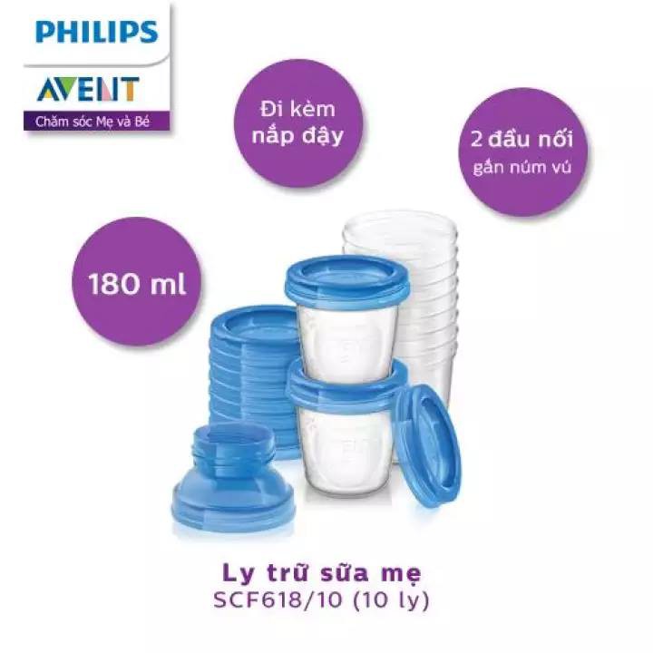 Cốc trữ sữa Philips Avent Ly trữ sữa Avent 10 Cốc + 2 Cổ Nối 180ml - Tách Lẻ Hộp - 1 Đổi 1 Nếu Lỗi NSX