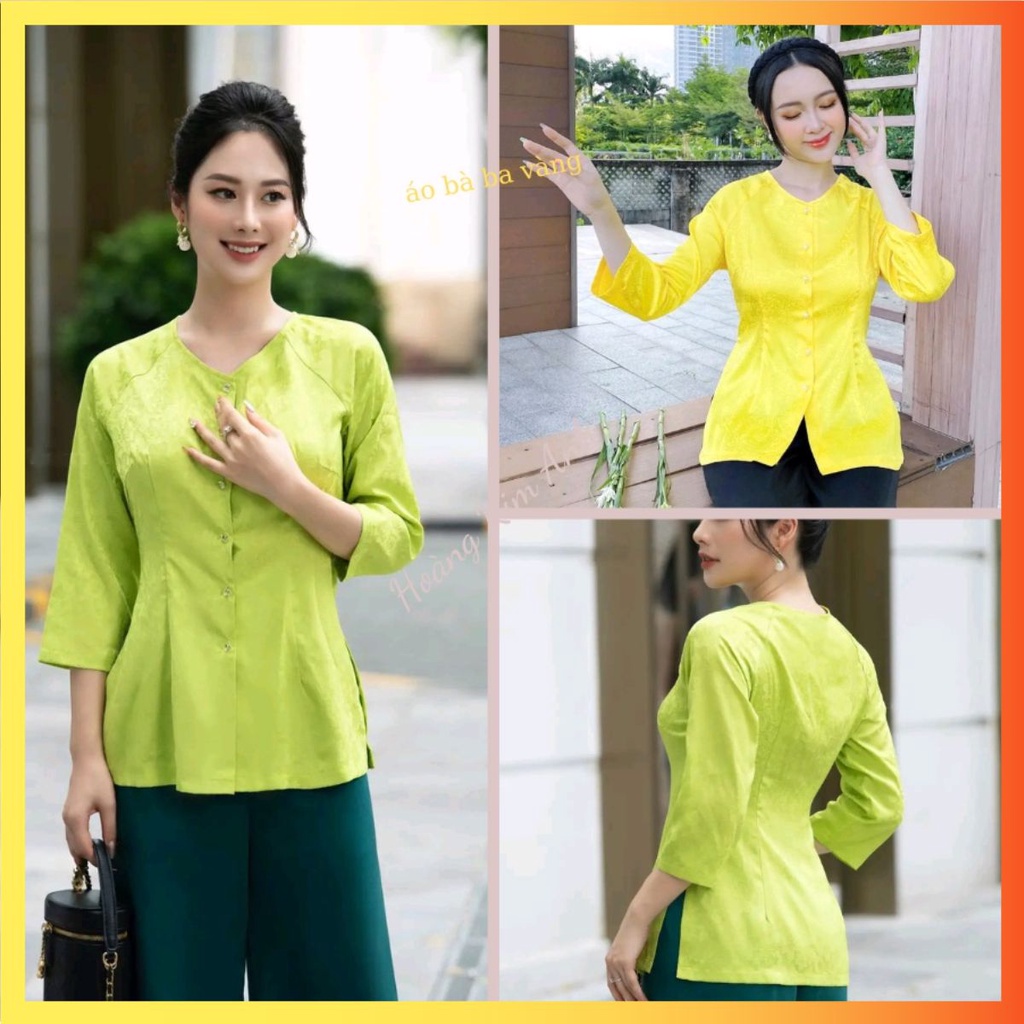 Áo bà ba lụa gấm vân đi lễ chùa thiết kế cổ tim cách tân đồ lam truyền thống hàng loại 1 kèm quần may sẵn