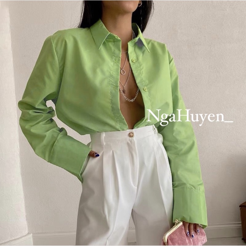 Áo sơ mi màu xanh chuối non chất thô mềm mịn ít nhăn