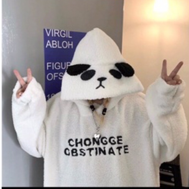 áo hoodie lông mũ tai gấu trúc panda thêu chữ ngực DH | BigBuy360 - bigbuy360.vn