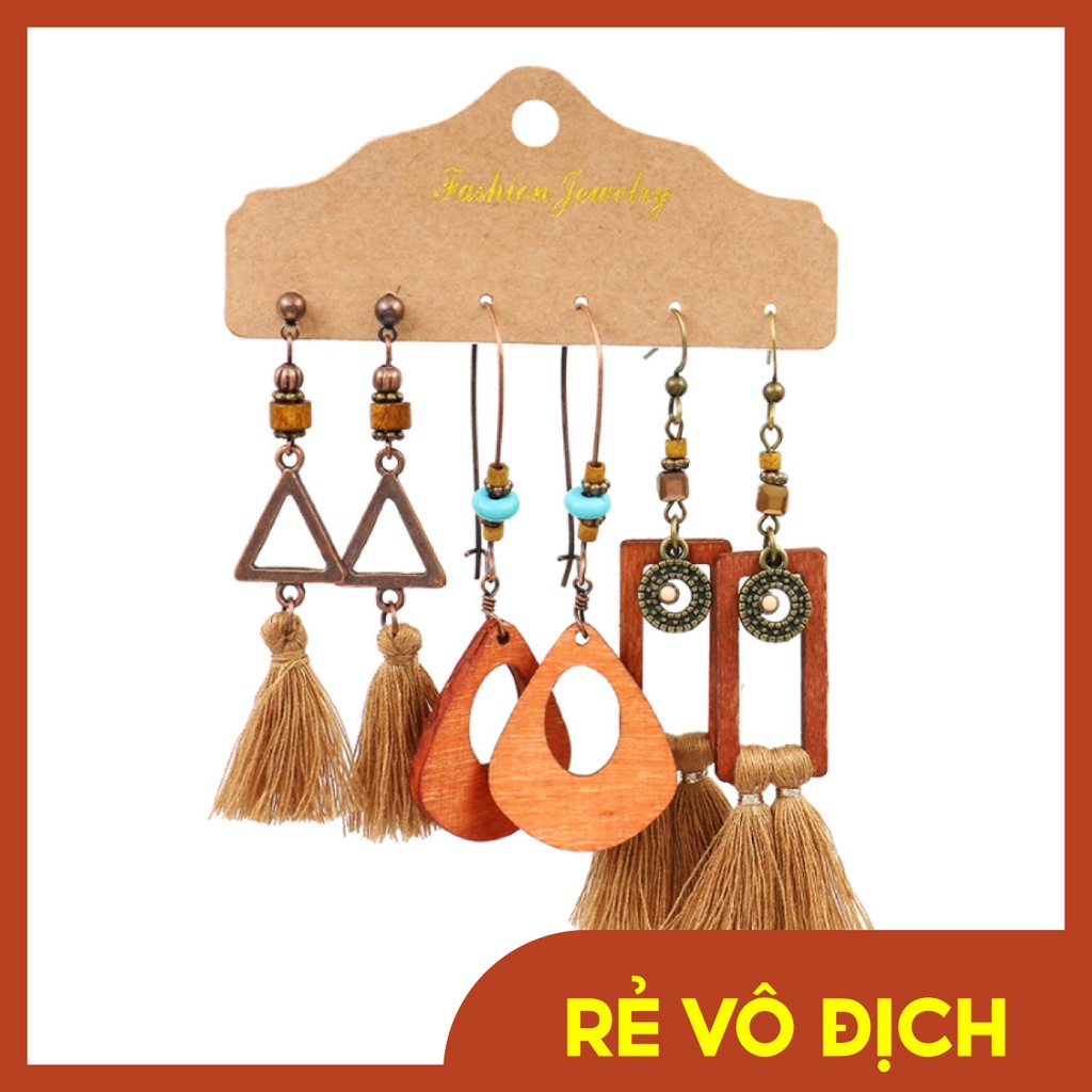 Combo 3 đôi bông tai boho màu nâu cam giá rẻ