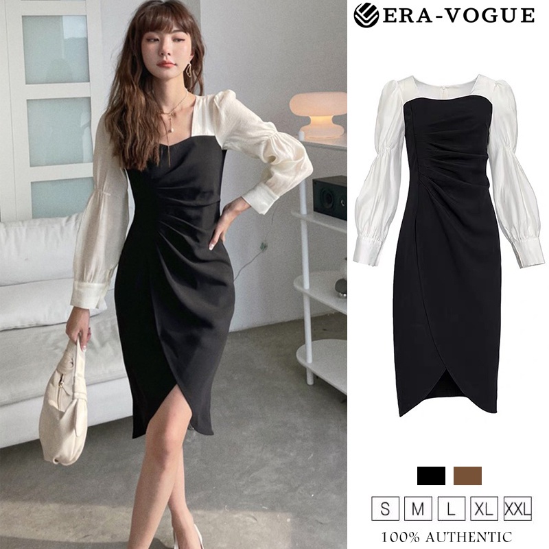 EraVogue Đầm dạ hội ôm dáng cổ vuông tay dài phong cách Hàn Quốc thanh lịch 4478