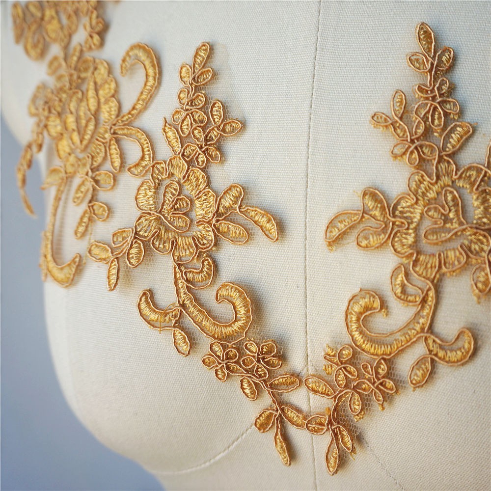 Set 2 Miếng Vải Ren Thêu Hoa Màu Vàng Dùng May Cổ Áo Cưới diy