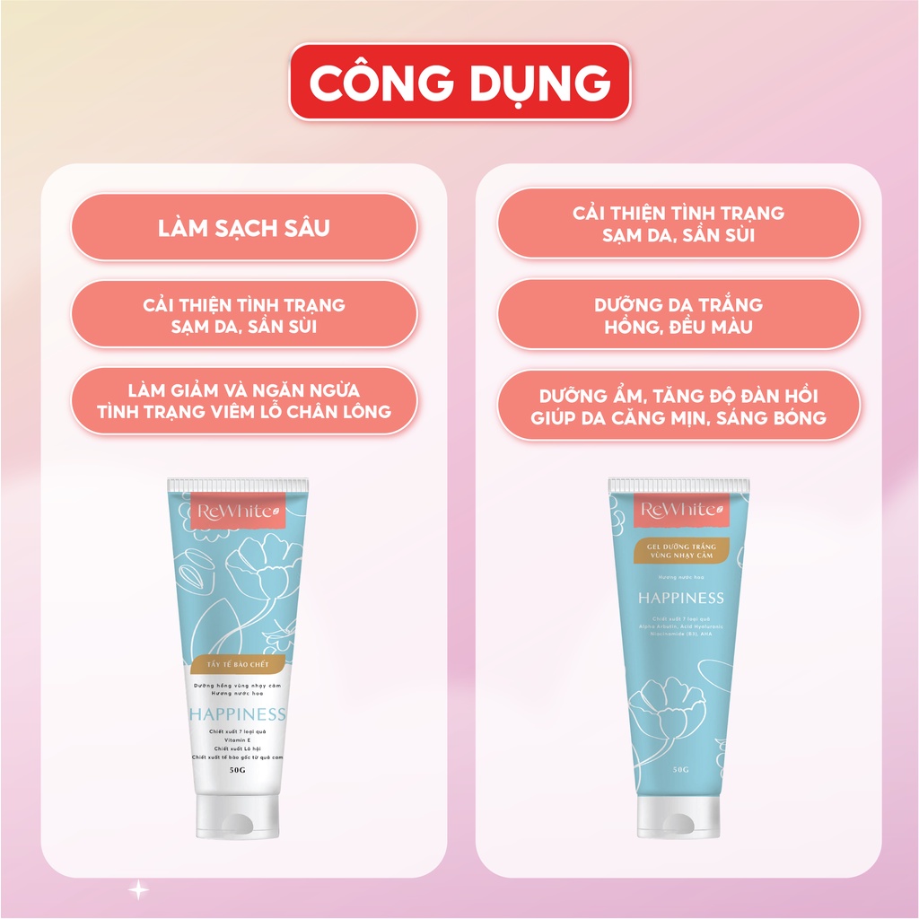 Combo Rewhitez Tẩy Tế Bào Chết Và Gel Dưỡng Trắng Giảm Thâm Vùng Kín, Nách, Mông, Hương Nước Hoa Happiness 50g/Tuýp