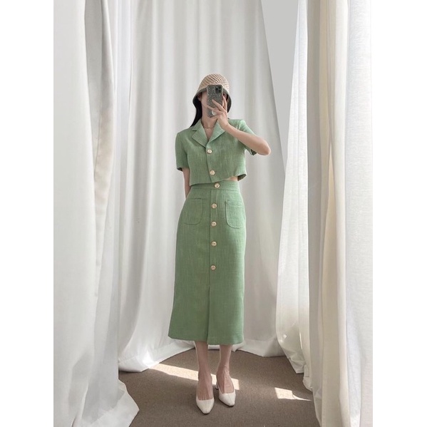 set áo croptop somi sơmi sơ mi tweed ngắn tay chân váy cạp cao cài cúc dáng dài midi