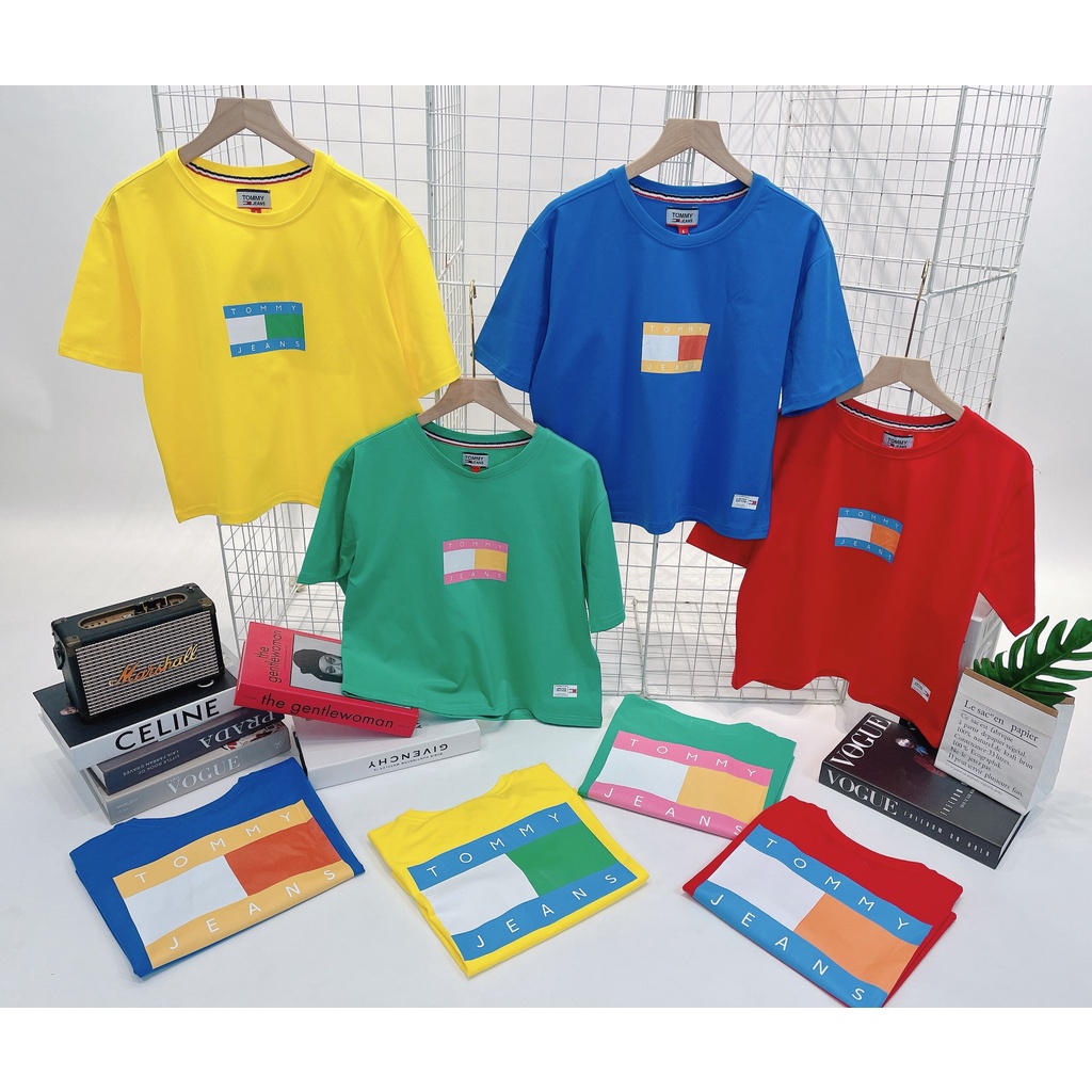 Áo thun nữ ngắn tay cổ tròn dáng croptop TM 4 màu vàng, đỏ, xanh coban và xanh lá chất cotton 100%