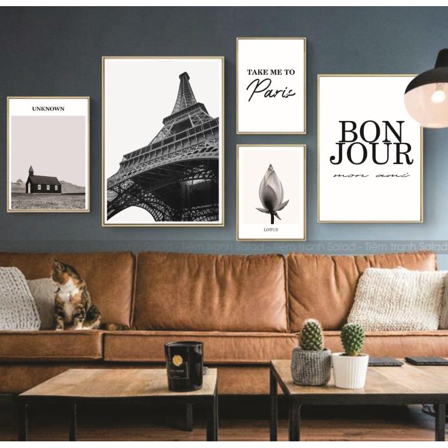 Bộ 5 tranh decor tháp eiffel trắng đen size phần như mô tả. Khách cần size khác LH (Tặng đinh 3 chân treo tranh)