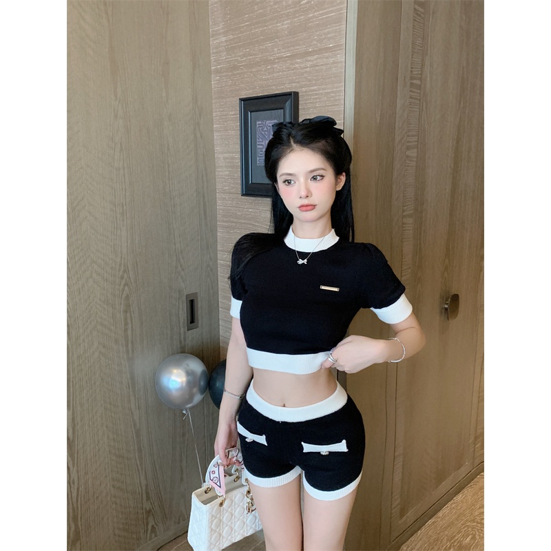 Cocory vn Bộ Áo Dệt Kim Ngắn Tay + Quần Short Lưng Cao Dáng Ôm Thời Trang Quyến Rũ Cho Nữ