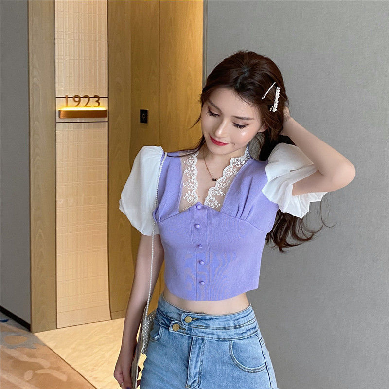 Áo kiểu nữ phối ren dệt kim tay ngắn quyến rũ dạng croptop