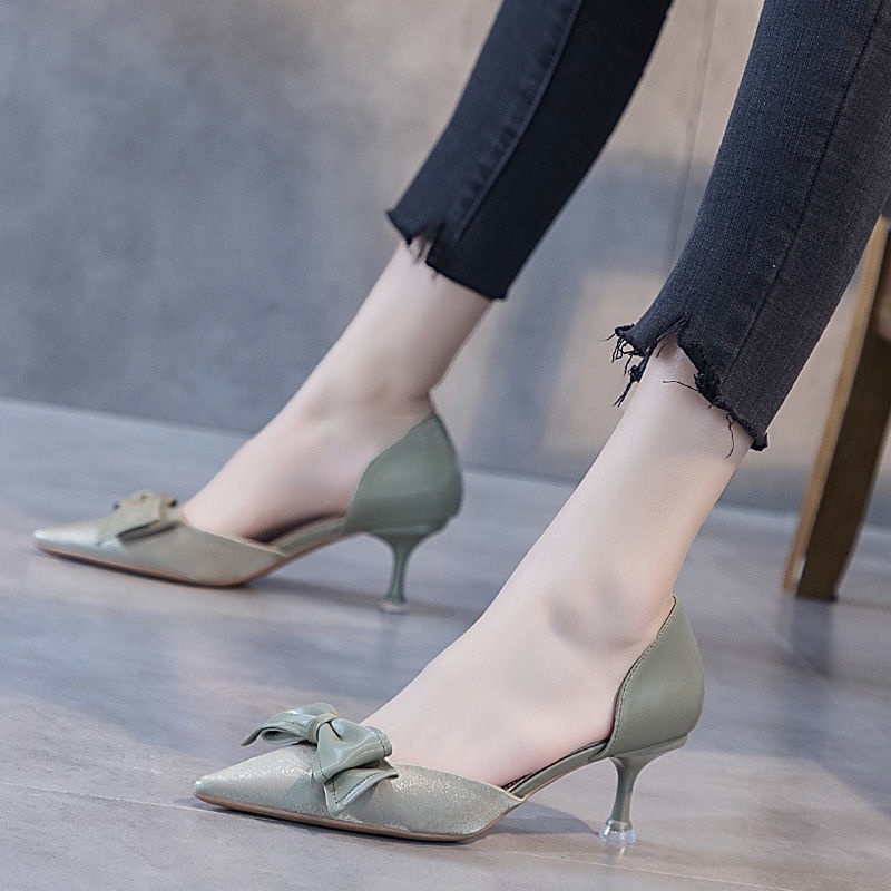 Giày cao gót mũi nhọn đính nơ phong cách Hàn Quốc thời trang mùa hè dành cho nữ 2021