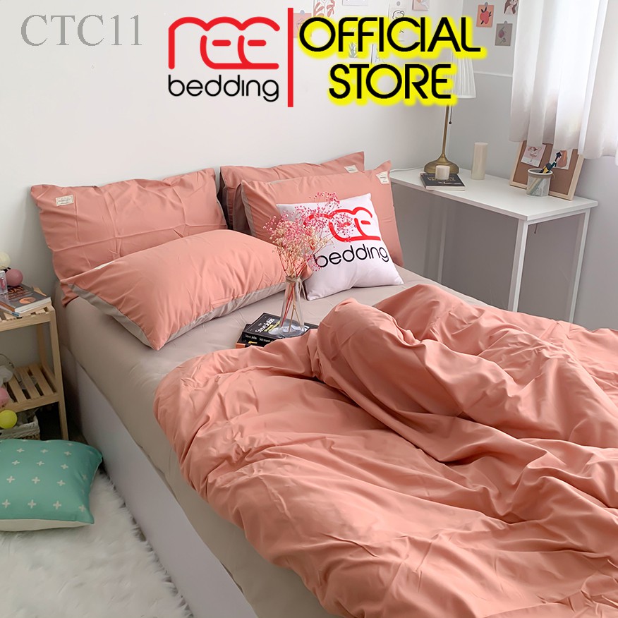 Bộ chăn ga gối Cotton TC REE Bedding cam san hô trơn đủ size giường nệm CTC11