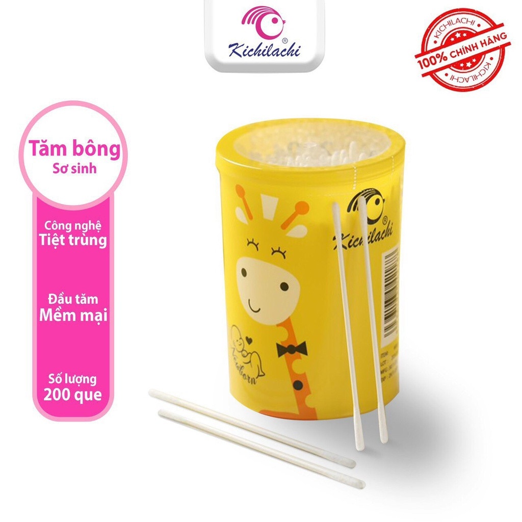 Tăm Bông Sơ Sinh Newborn Hình Hươu Kichilachi Cho Bé, Bông Tăm Tự Nhiên Kháng Khuẩn (Hộp 200 que)