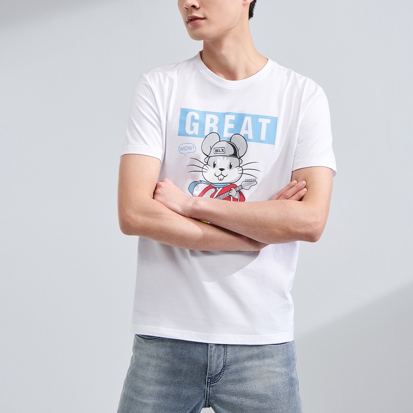 HLA - Áo Thun Nam Ngắn Tay Phối Họa Tiết Casual Round Neck Fun Pattern Pullover T-shirt