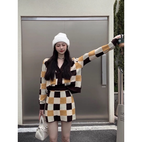 ORDER giá gốc SET VÁY LEN THU ĐÔNG KẺ CARO SANG CHẢNH rẻ nhất shopee