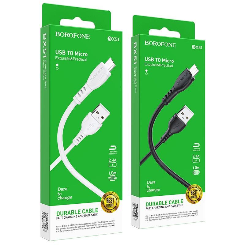 Dây sạc nhanh 2.4A chính hãng Borofone BX51 chống rối dây dài 1m, cáp sạc cho các dòng điện thoại - BH 12 tháng