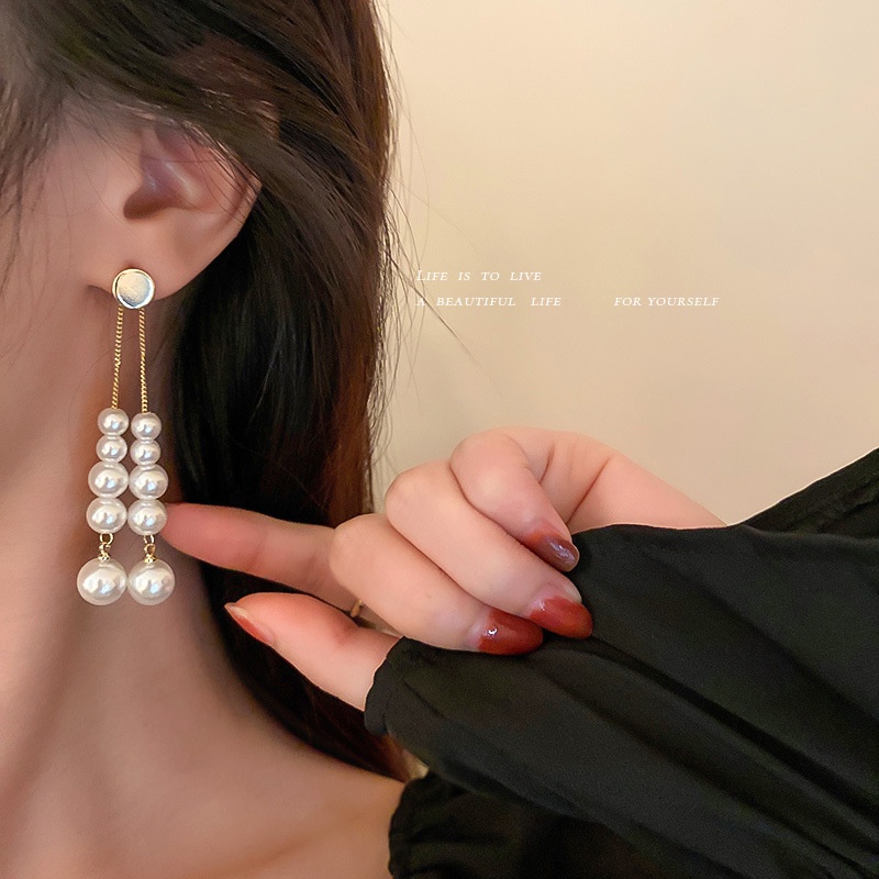 Bông Tai Mạ Bạc 925 Đính Ngọc Trai Tua Rua Phong Cách Hàn Quốc