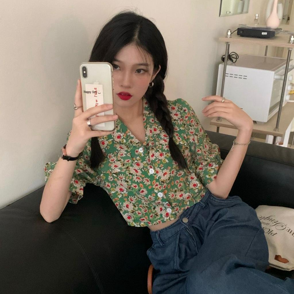 Áo Kiểu Tay Phồng Cổ Chữ V Họa Tiết Hoa Phong Cách Retro Hàn Quốc