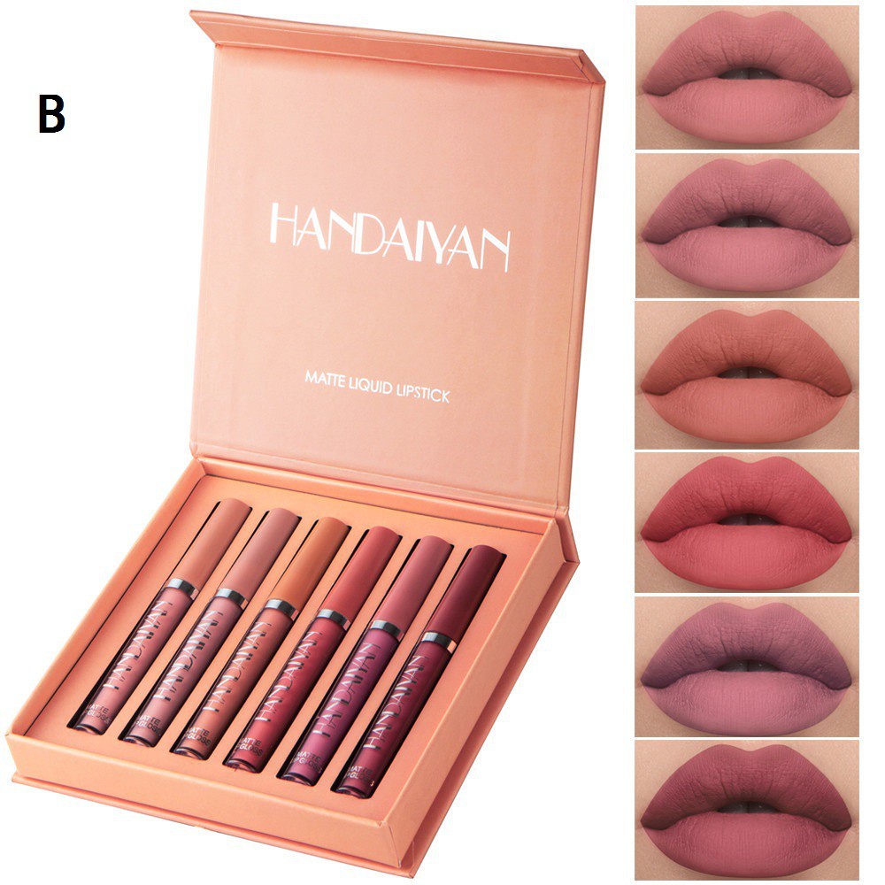 6 miếng/bộ Son bóng &amp; Son bóng Lâu dài Velvet Sexy Lipstick Handaiyan Lipstik Matte Lipstick Makeup Cover Không phai Không dính Cup Son bóng Mud