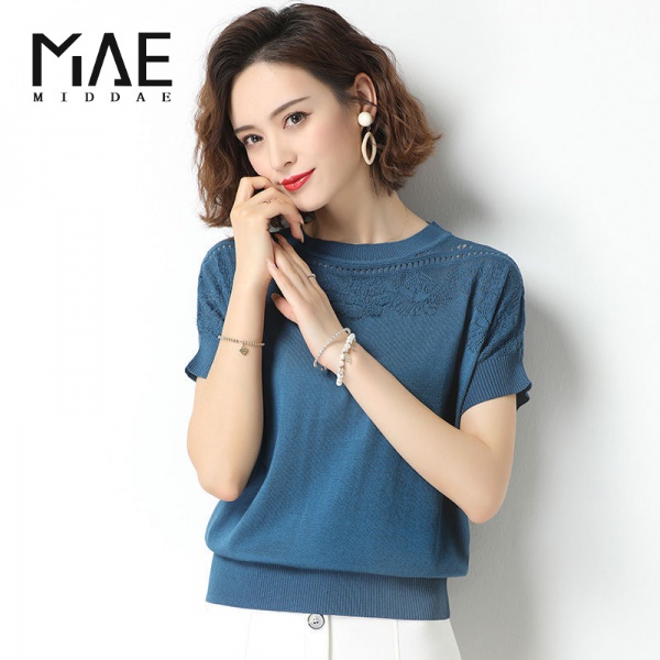 Women's knitted short-sleeved T-shirt, thin 2021 summer new hook flower hollow ice silk all-match breathable loose top