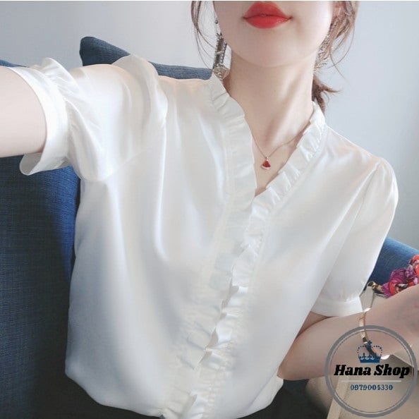 Áo sơ mi cổ V phối xếp li