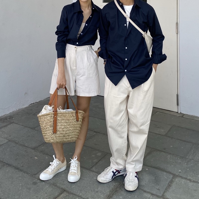 Áo Sơ Mi Dài Tay Chất Liệu Cotton Màu Xanh Tím Than Navy dành cho Nữ Heebyohi