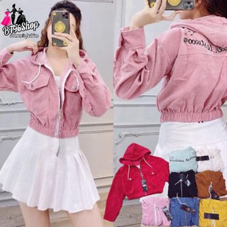 Áo khoác nữ chất nhung gân dáng lửng túi hộp phối chữ thêu mẫu mới siêu thời trang 2020