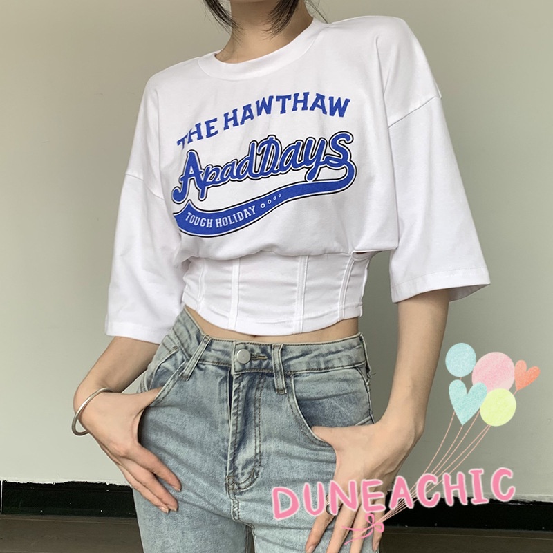 DUNEA Áo Thun Tay Ngắn Cổ Tròn Dáng Rộng In Chữ Thời Trang Cho Nữ