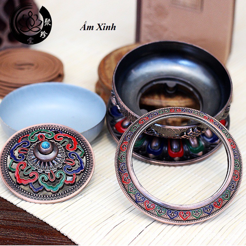 Lư Hương Xông Trầm Bằng Chất Liệu Hợp Kim Đồng Thân Khắc Hình Bát Bảo Cát Tường May Mắn