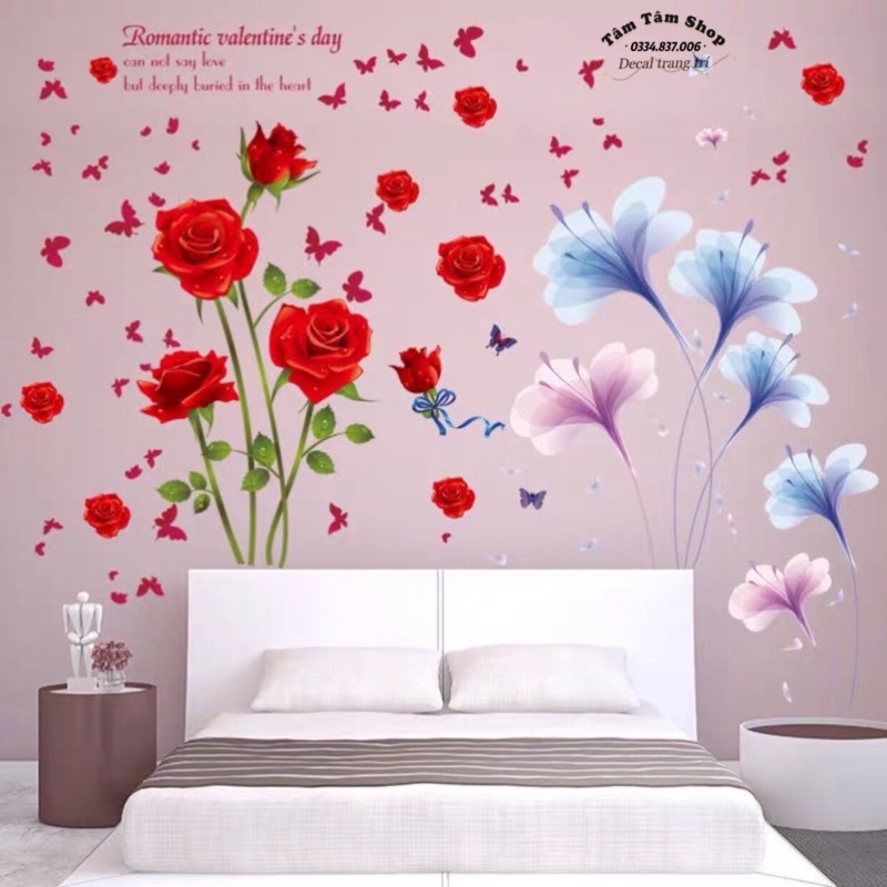 Tranh dán tường, Decal dán tường phòng ngủ hoa hồng đỏ và pha lê tím
