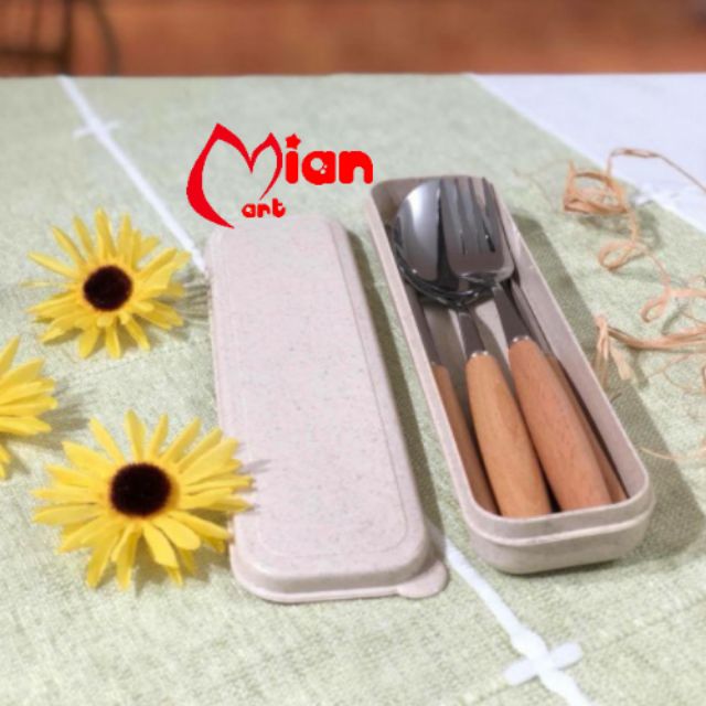 Bộ đũa, thìa, dĩa inox cán gỗ hộp đựng lúa mạch cao cấp - MIAN MART