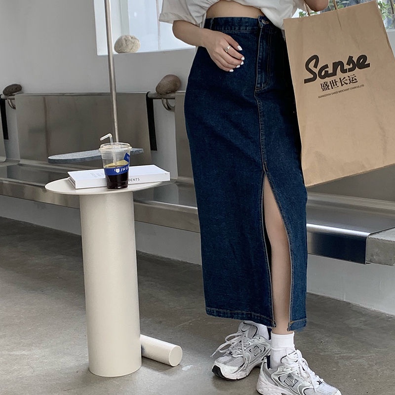 IMAODOU Chân váy jean chữ A lưng cao xẻ tà thời trang mùa xuân dành cho nữ