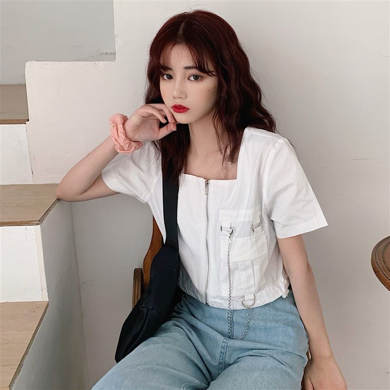 Áo Thun Ngắn Tay Cổ Vuông Phối Khóa Kéo Thời Trang Hè 2020 Cho Nữ