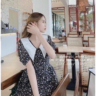 ĐẦM MIDI HOA ĐEN CỔ TRẮNG NHỌN