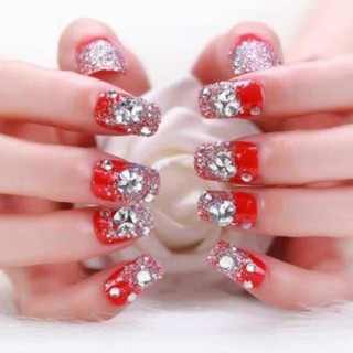 Bộ 24 Móng tay giả Đỏ Đính Đá Hạt (kèm dũa+keo dán sẵn)