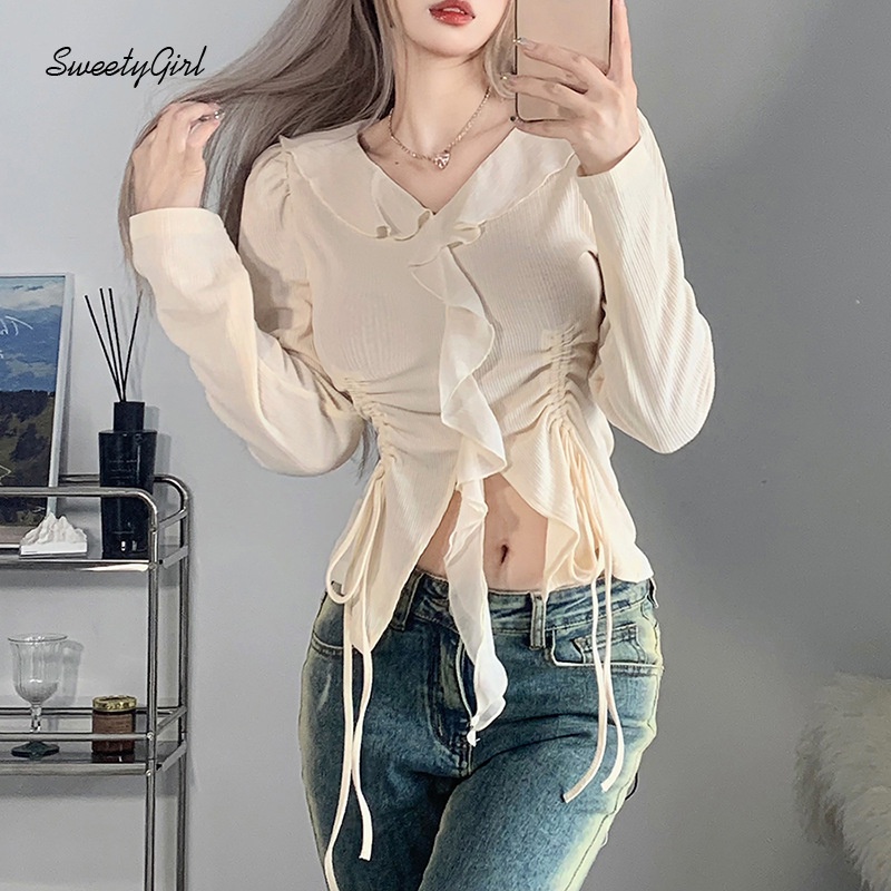 Áo Thun Tay Dài Cổ Chữ V Ôm Eo Màu Trơn Thời Trang 2022 Dành Cho Nữ