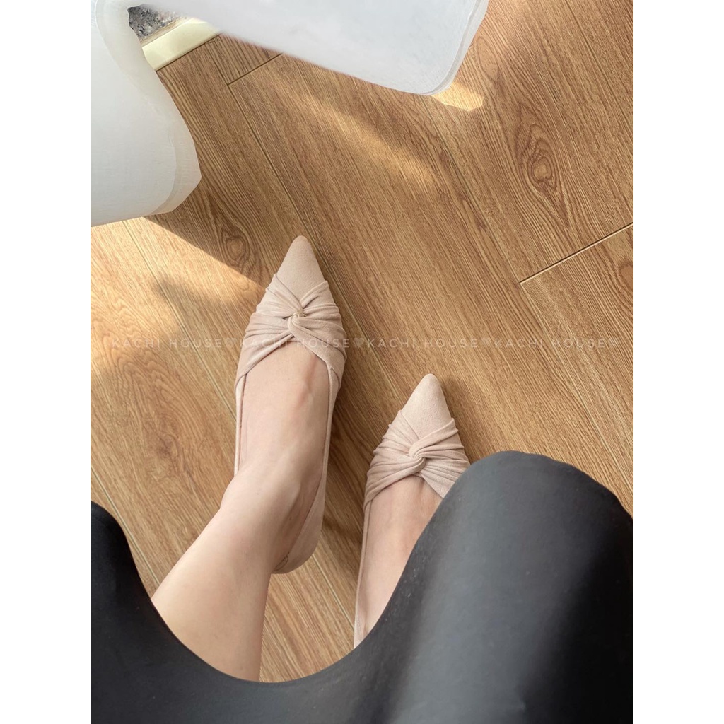 Giày cao gót da lộn nơ nhún gót nhọn 6cm mã 1822-1A