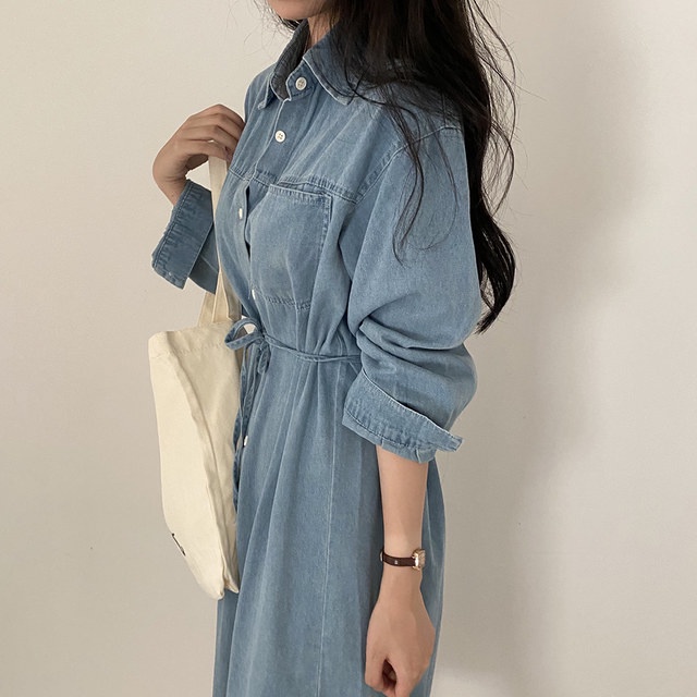 Áo Sơ Mi Denim Dài Tay Thắt Dây Dáng Rộng Phong Cách Retro Mùa Thu Hàng Mới Dành Cho Bạn Nữ 54653