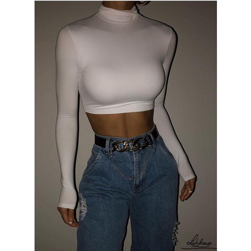 Áo Croptop Tay Dài Cổ Cao Màu Sắc Trơn Dành Cho Nữ